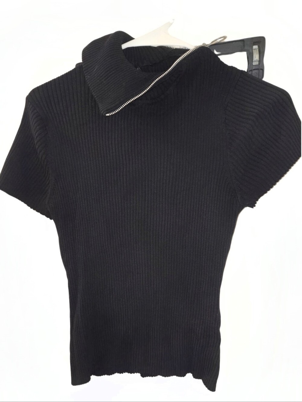 august silk Black Ribbed Zip-Front Knit Top